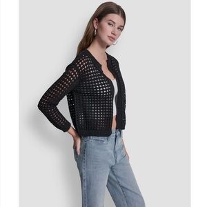 DKNY JEANS, IT CITY OPEN WEAVE CARDIGAN BLK COLOR SIZE L